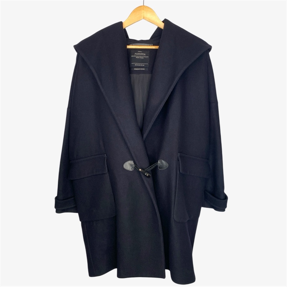 ALLSAINTS Klein Duffle Toggle Wool Italian Cloth Coat - Ink Blue - Size 6 - Picture 2 of 4